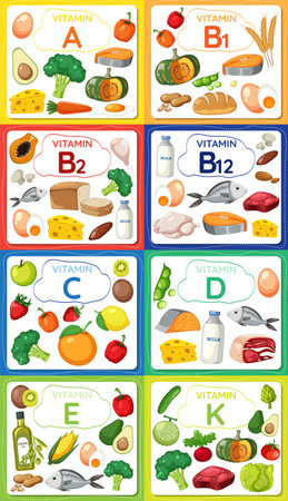 Colorful banner showcasing different vitamins surrounded by a variety of foodのイラスト素材