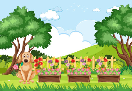 A charming dog enjoys the peacefulness of a rural nature landscapeのイラスト素材