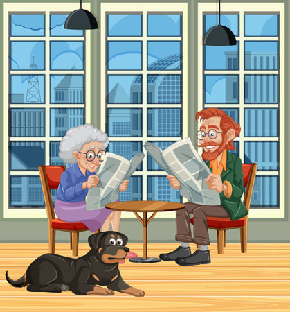 Old grandparents enjoy reading newspaper with their Rottweiler in apartmentのイラスト素材
