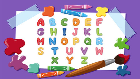 Colorful ABC learning sheet with paint brush on art backgroundのイラスト素材