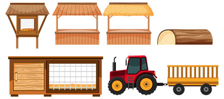 Vector cartoon illustration of a farm with wooden shelter and tractorのイラスト素材