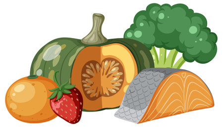 A colorful vector illustration of a group of healthy foodsのイラスト素材