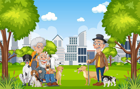 Elderly individuals find joy in the park with their pets, surrounded by a cityscapeのイラスト素材