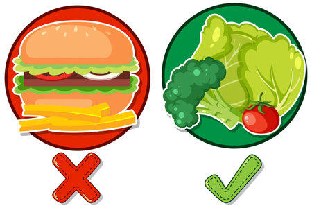 Comparison of Healthy Fruit and Vegetable Set Plate vs Unhealthy Junk Food Plate illustrationのイラスト素材