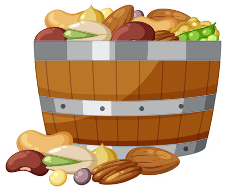 Colorful cartoon-style vector illustration of nuts in a wooden barrelのイラスト素材