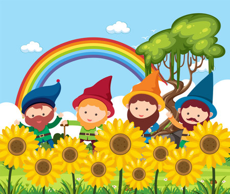 A cheerful dwarf cartoon character planting a flower in a beautiful nature scene with a rainbow in the skyのイラスト素材