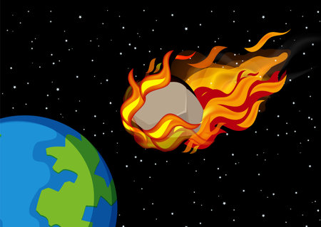 A vector cartoon illustration of fiery comets and asteroids heading towards Earthのイラスト素材