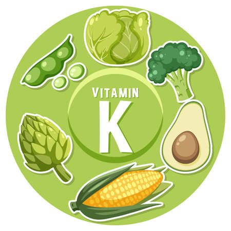 Learn about vitamin K-rich foods in a fun cartoon illustrationのイラスト素材
