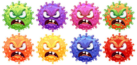 A lively illustration featuring a group of cartoon germ virus monstersのイラスト素材