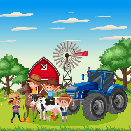 Kids having fun exploring a rural farmland with a tractor, car, and barnのイラスト素材