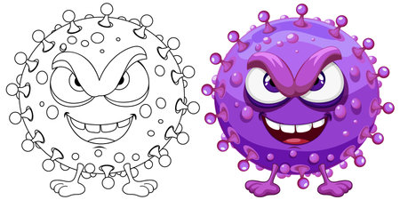 A cute and colorful cartoon character of a purple germ virus monsterのイラスト素材