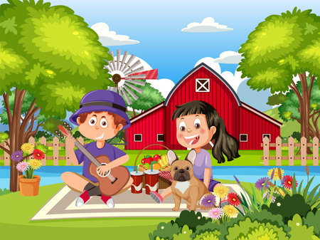 A charming vector illustration of a young couple having a picnic in a rural landscape with a river in the foregroundのイラスト素材