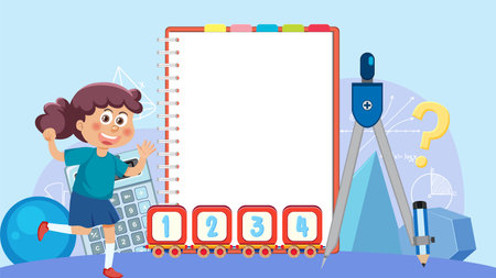 Math Tools Theme: Girl on Blank Notebook illustrationのイラスト素材