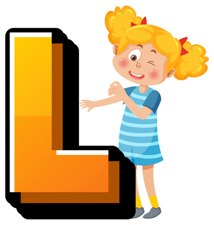 Vector illustration of English alphabet L with boy and girl cartoon charactersのイラスト素材
