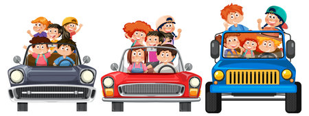 Kids embark on a fun-filled road trip adventureのイラスト素材