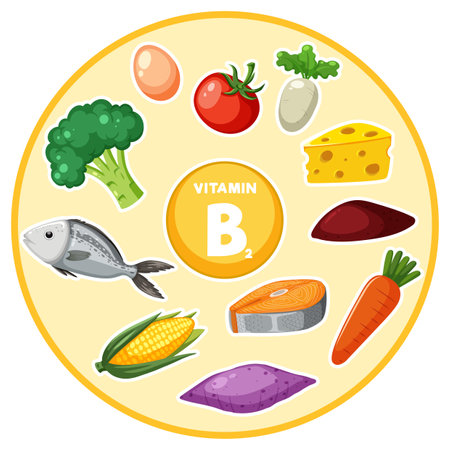 Colorful cartoon-style illustration featuring various foods high in vitamin B2のイラスト素材
