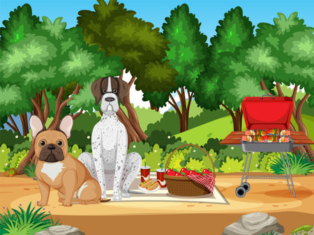 Dogs enjoying a picnic in a nature parkのイラスト素材