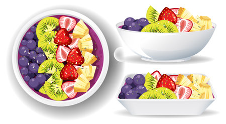 Delicious and nutritious acai bowl from a bird's eye and side perspectiveのイラスト素材