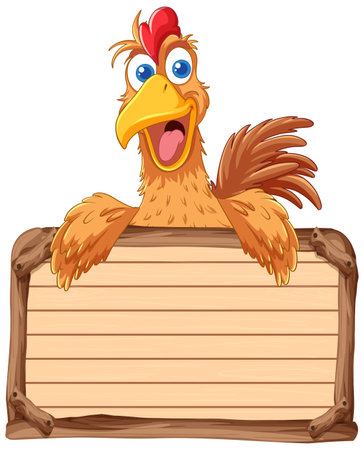 Cartoon chicken holding a blank wooden sign.のイラスト素材