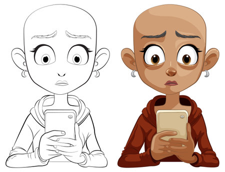 Cartoon illustration of girl reacting to phone contentのイラスト素材