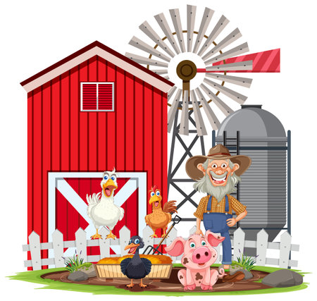 Cheerful farmer standing with various farm animalsのイラスト素材