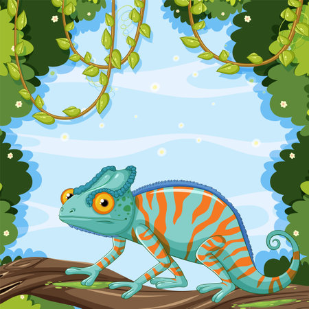 Vibrant chameleon on a branch with green foliageのイラスト素材