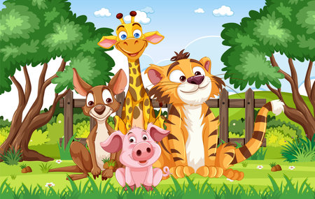 Cartoon animals smiling together in a green parkのイラスト素材