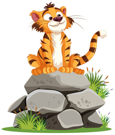 A happy tiger cub sitting atop a pile of rocks.のイラスト素材