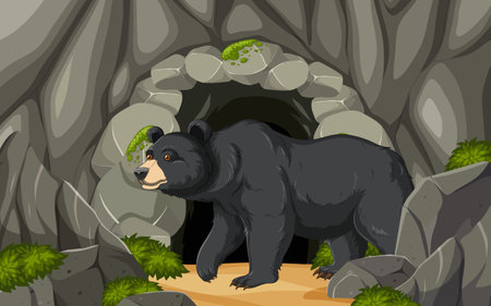 Illustration of a bear exiting a rocky denのイラスト素材