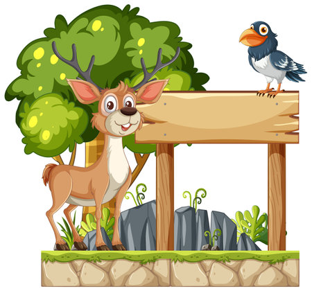 Illustration of a deer and bird with a blank signのイラスト素材