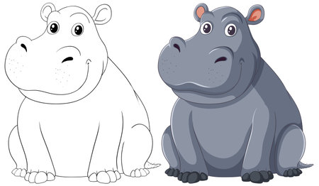Vector artwork of a hippopotamus in two styles.のイラスト素材