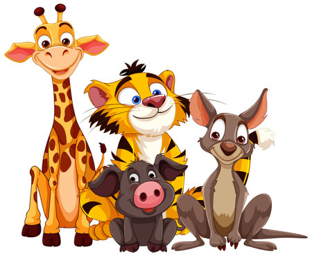 Colorful cartoon animals smiling together happilyのイラスト素材
