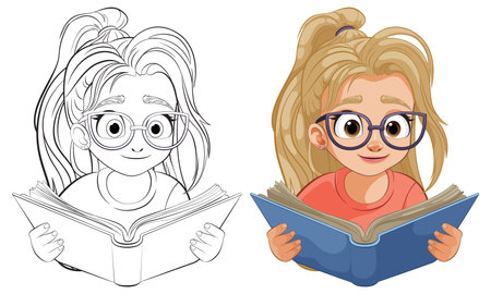 Colorful vector of a young girl reading intentlyのイラスト素材