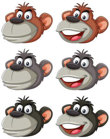 Six vector illustrations of a monkey with different expressions.のイラスト素材