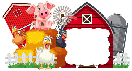 Cartoon farm animals with a blank signboard.のイラスト素材