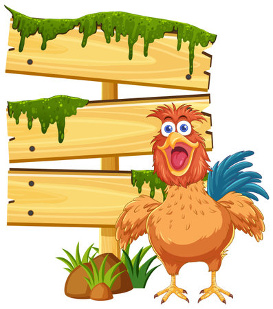 Cartoon chicken standing by a mossy wooden sign.のイラスト素材