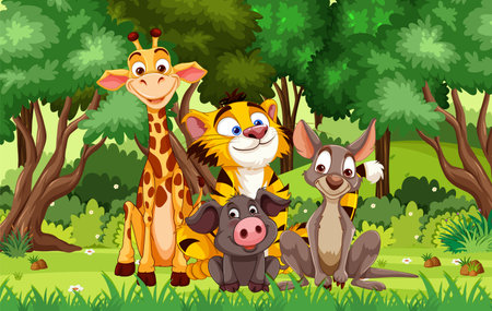Cartoon animals smiling together in a green forestのイラスト素材