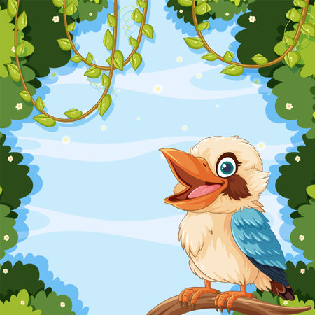 Colorful bird perched on branch with green foliageのイラスト素材