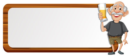 Elderly man holding a beer next to blank signのイラスト素材