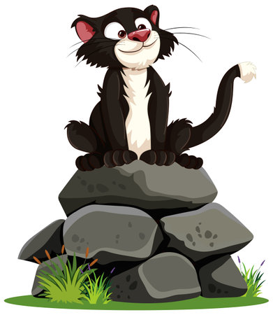 Vector illustration of a happy cat on stonesのイラスト素材