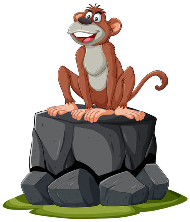 A happy monkey perched atop a stone formation.のイラスト素材