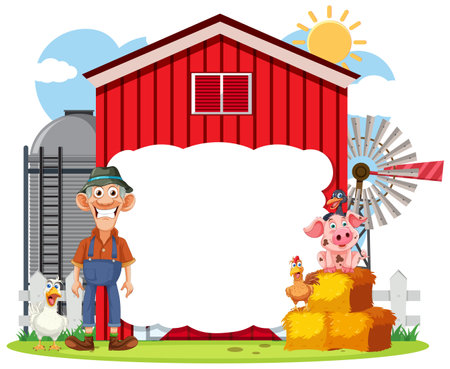 Cartoon farmer with animals on a sunny farm dayのイラスト素材