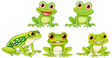 Collection of cute cartoon frogs in various posesのイラスト素材