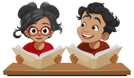 Two kids happily reading books at a tableのイラスト素材