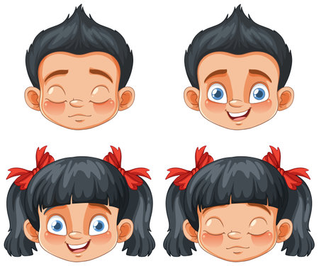 Four cartoon faces showing different expressionsのイラスト素材