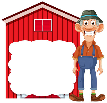 Cartoon farmer standing next to a blank sign.のイラスト素材