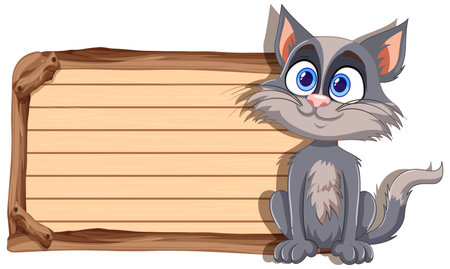 Adorable cartoon cat sitting beside a signboard.のイラスト素材