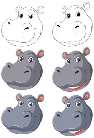 Collection of cartoon hippopotamus facial expressions.のイラスト素材