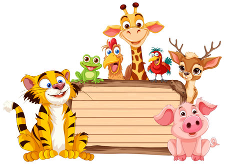 Colorful animals grouped around a wooden crateのイラスト素材