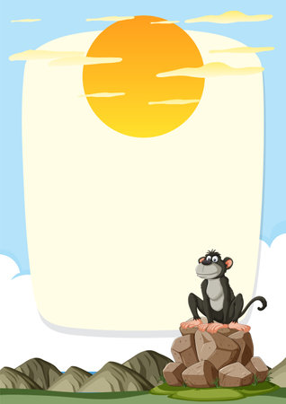 Cartoon monkey sitting on rocks under the sun.のイラスト素材